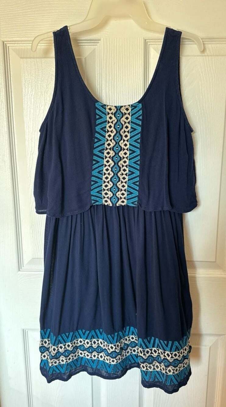 Ginger Navy Blue Embroidered Popover Mini Dress Size L